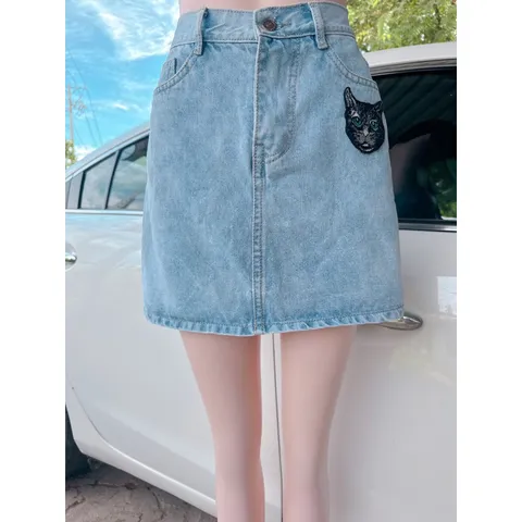 Chân Váy Jeans Ngắn, Thêu hình mèo siêu đẹp Giá 150k Size SM Chất liệu jean đẹp