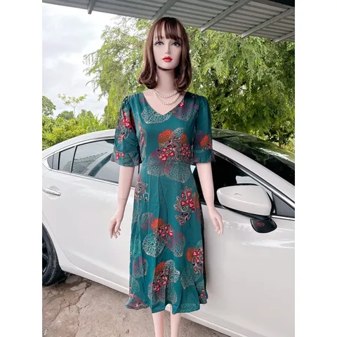 Đầm họa tiết  bigsize dáng dài qua gối sang trọng vải mango in 3D cao cấp có lót Size  45kg-80kg Hàng có sẵn giao ngay