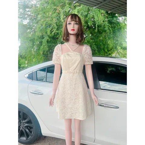 Đầm ren Thiết Kế Cao Cấp màu Kem  Đầm Họa Tiết Ren Nơ Eo Viền Đính Cườm Nguc, Váy Chữ A Basic Dự Tiệc  Hàng có sẵn