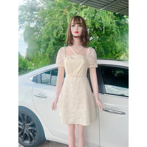 Đầm ren Thiết Kế Cao Cấp màu Kem  Đầm Họa Tiết Ren Nơ Eo Viền Đính Cườm Nguc, Váy Chữ A Basic Dự Tiệc  Hàng có sẵn