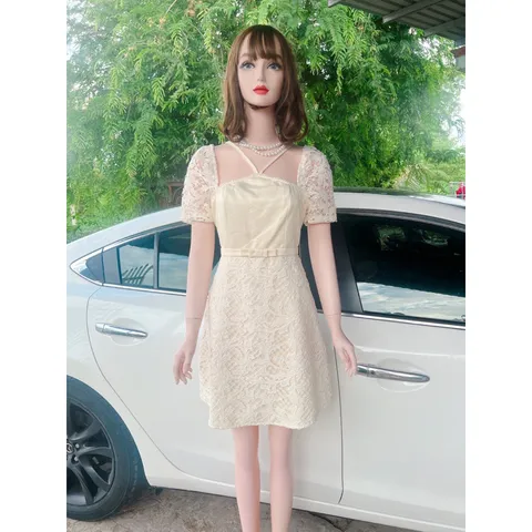 Đầm ren Thiết Kế Cao Cấp màu Kem  Đầm Họa Tiết Ren Nơ Eo Viền Đính Cườm Nguc, Váy Chữ A Basic Dự Tiệc  Hàng có sẵn