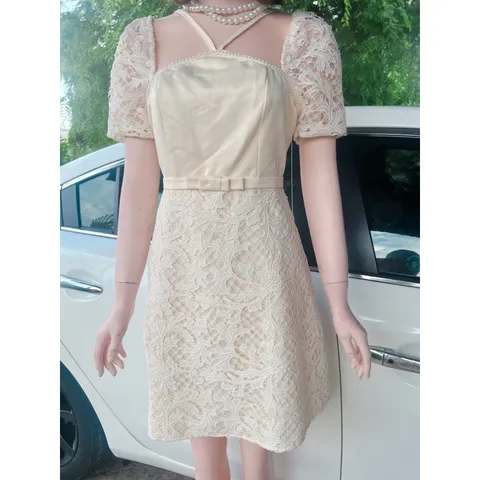 Đầm ren Thiết Kế Cao Cấp màu Kem  Đầm Họa Tiết Ren Nơ Eo Viền Đính Cườm Nguc, Váy Chữ A Basic Dự Tiệc  Hàng có sẵn
