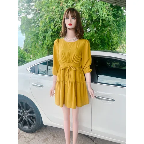 Đầm dáng xòe màu vàng chanh Hàng có sẵn giao ngay SM Có dây buộc eo theo dáng người Đúp lót 2 lớp Giá 270k
