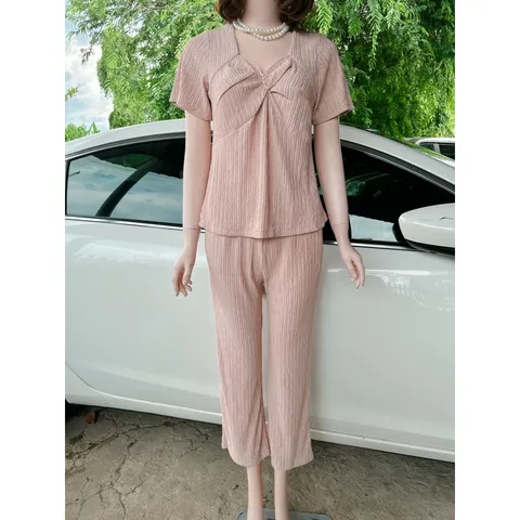 SÉT ĐỒ BỘ THUN XỐP + QUẦN dài Giá 190k/ cả set Hàng có sẵn giao ngay  Màu kem Co giãn dễ mặc