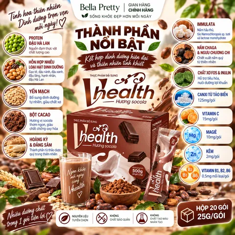Vhealth Hương Socola 20 Gói x 25g – Protein Thực Vật, Chất Xơ FOS Inulin, Vitamin Khoáng Chất