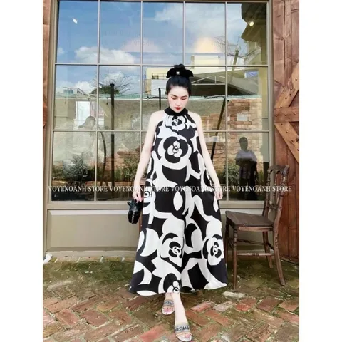 ĐẦM THIẾT KẾ DÁNG SUÔNG DÀI PHONG CÁCH TRẺ TRUNG, bầu bì bon chen thoải mái Váy Đi Biển, Đầm Suông Cổ Yếm Hoạ Tiết Hoa