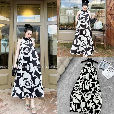 ĐẦM THIẾT KẾ DÁNG SUÔNG DÀI PHONG CÁCH TRẺ TRUNG, bầu bì bon chen thoải mái Váy Đi Biển, Đầm Suông Cổ Yếm Hoạ Tiết Hoa
