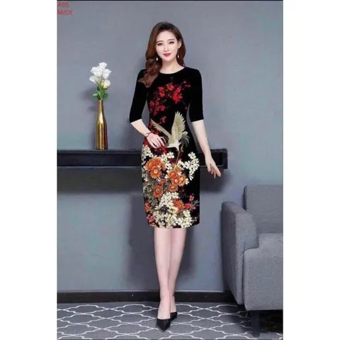 Đầm In Hoa 3D Cao Cấp, có túi 2 bên Chất liệu thun poly cao cấp co giản 4 chiều Có màu đen và xanh đen Giá 290k