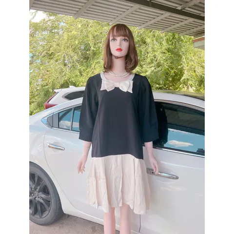 Đầm suông đen nơ phối màu kem Bầu bì bon chen thoải mái Giá 290k Hàng có sẵn giao ngay M Chất liệu tuyết mưa cao cấp