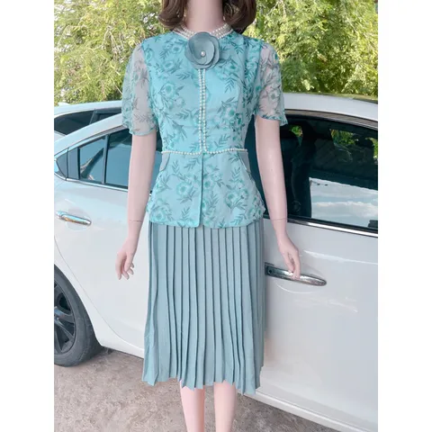Đầm hoa thiết kế chạy viền ngọc xếp ly cài hoa Hàng có sẵn giao ngay Đủ size Hàng cao cấp Chất liệu áo voan tơ