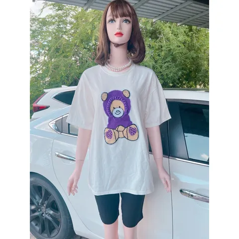 Áo thun trắng  nữ cổ tròn in hình gấu tím đáp thêu đính đá trẻ trung đơn giản chất thun cotton cao cấp hàng đẹp
