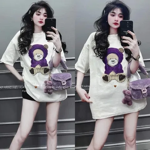 Áo thun trắng  nữ cổ tròn in hình gấu tím đáp thêu đính đá trẻ trung đơn giản chất thun cotton cao cấp hàng đẹp
