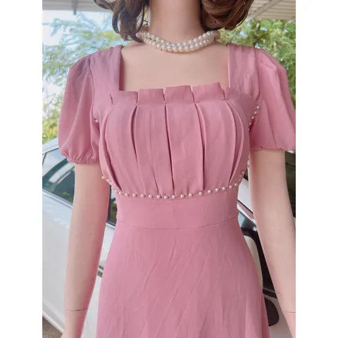 ĐẦM MIDI THIẾT KẾ xếp ly ngực và eo đính ngọc - (Hình thật shop chụp) Giá 290k Màu hồng Hàng có sẵn giao ngay