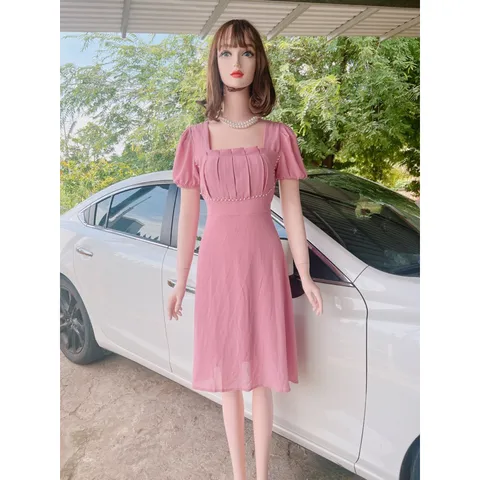 ĐẦM MIDI THIẾT KẾ xếp ly ngực và eo đính ngọc - (Hình thật shop chụp) Giá 290k Màu hồng Hàng có sẵn giao ngay