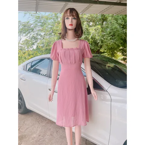 ĐẦM MIDI THIẾT KẾ xếp ly ngực và eo đính ngọc - (Hình thật shop chụp) Giá 290k Màu hồng Hàng có sẵn giao ngay
