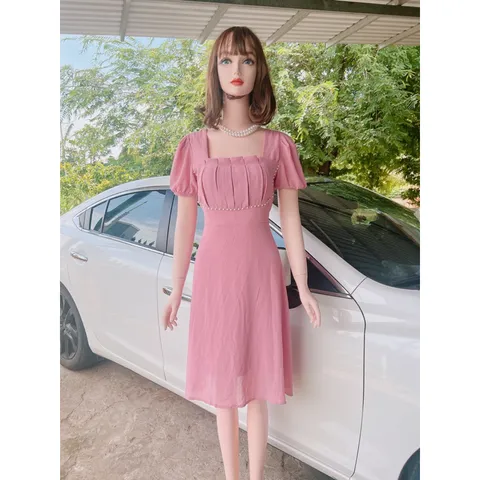 ĐẦM MIDI THIẾT KẾ xếp ly ngực và eo đính ngọc - (Hình thật shop chụp) Giá 290k Màu hồng Hàng có sẵn giao ngay