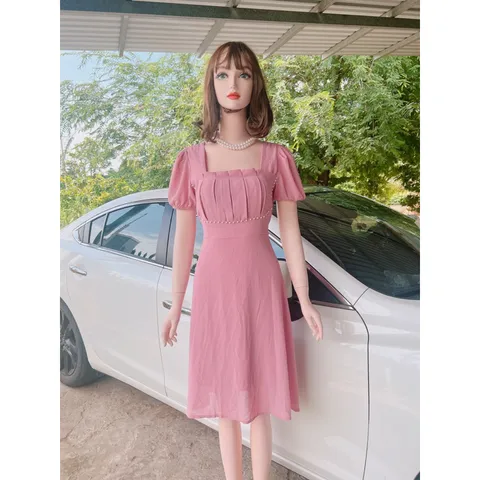 ĐẦM MIDI THIẾT KẾ xếp ly ngực và eo đính ngọc - (Hình thật shop chụp) Giá 290k Màu hồng Hàng có sẵn giao ngay