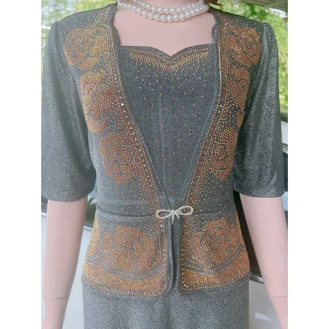 Đầm dự tiệc trung niên thun nhũ mịn hoa ép đá dáng vest che bụng 75kg, Đầm trung niên đi tiệc vest nhũ mịn giấu bụng
