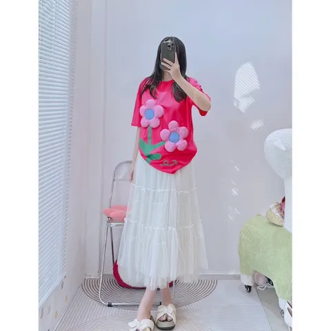 [ Ảnh thật ] Set áo hoa nổi +  cv lưới nhiều lớp Quang Châu cao cấp Giá 390k/ cả set Áo thun 199k Chân váy nude 220k