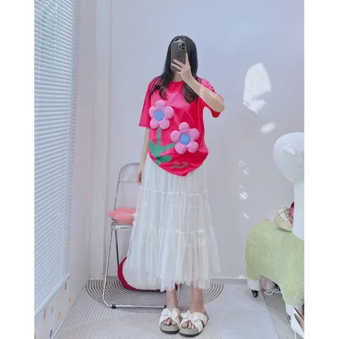 [ Ảnh thật ] Set áo hoa nổi +  cv lưới nhiều lớp Quang Châu cao cấp Giá 390k/ cả set Áo thun 199k Chân váy nude 220k