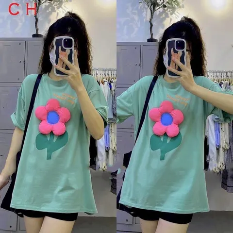 áo thun hoa hồng nổi dáng rộng hàn quốc siêu xinh chất mịn đẹp Giá 190k/ áo Hàng có sẵn giao ngay Màu xanh
