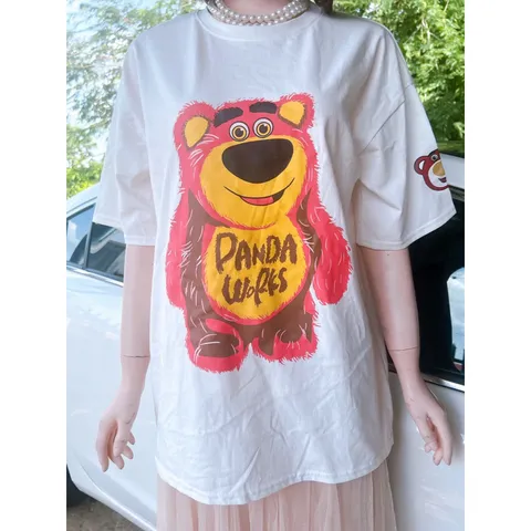 áo phông Gấu hồng panda  unisex Tay Ngắn áo thun nữ form rộng Cổ Tròn Retro Bigsize cotton Hàn Quốc Gấu dâu Trắng