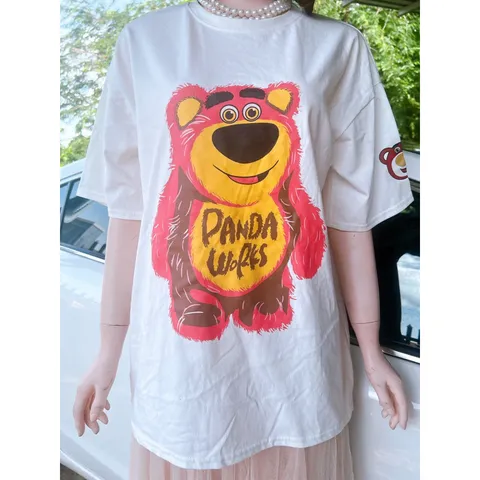 áo phông Gấu hồng panda  unisex Tay Ngắn áo thun nữ form rộng Cổ Tròn Retro Bigsize cotton Hàn Quốc Gấu dâu Trắng