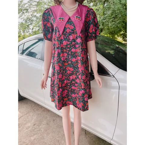 ĐẦM HOA HOẠ TIẾT HOA CỔ NHỌN (hồng) Đầm hoa kiểu babydoll cổ quả cherry Giá 290k Hàng có sẵn giao ngay