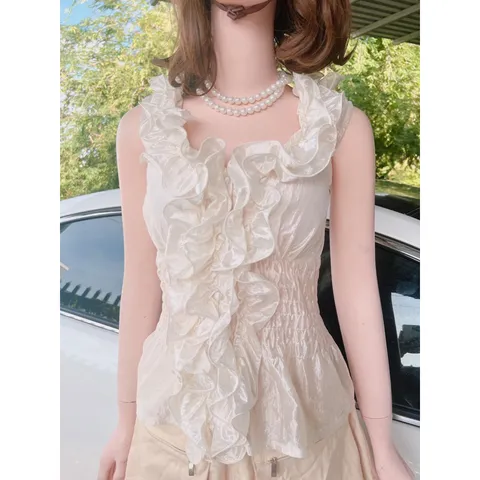 Set áo bèo tiểu thư màu kem + chân váy hộp Màu nude Size SML Eo bo chun cả áo và quần co giãn dễ mặc Quần Có 2 túi