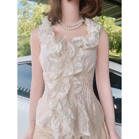 Set áo bèo tiểu thư màu kem + chân váy hộp Màu nude Size SML Eo bo chun cả áo và quần co giãn dễ mặc Quần Có 2 túi