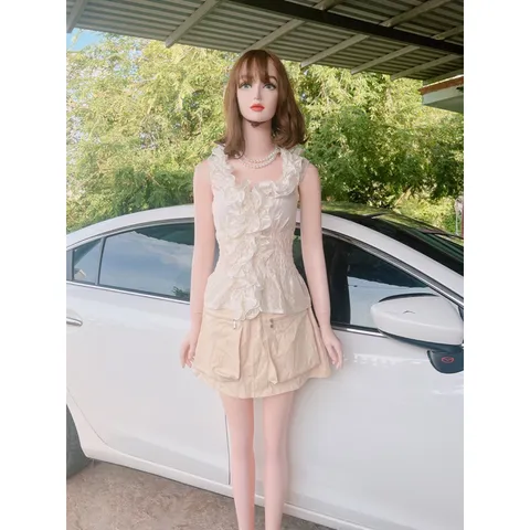 Set áo bèo tiểu thư màu kem + chân váy hộp Màu nude Size SML Eo bo chun cả áo và quần co giãn dễ mặc Quần Có 2 túi
