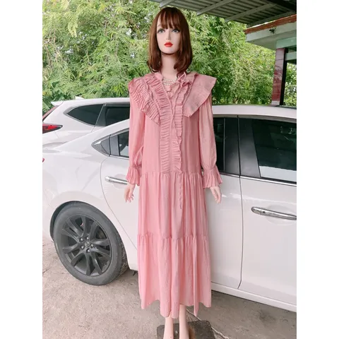 Đầm xòe dáng babydoll cổ dây nơ bèo tiểu thư Giá 390k Hàng có sẵn giao ngay Màu hồng baby Hàng Quảng Châu Bâù bì