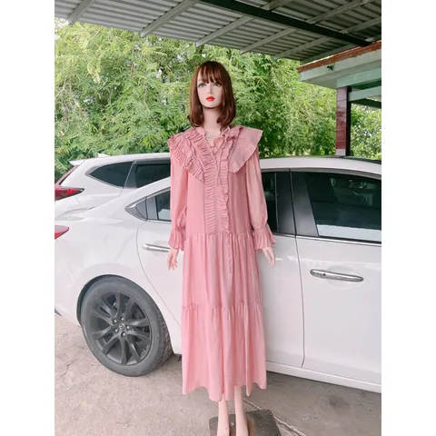 Đầm xòe dáng babydoll cổ dây nơ bèo tiểu thư Giá 390k Hàng có sẵn giao ngay Màu hồng baby Hàng Quảng Châu Bâù bì
