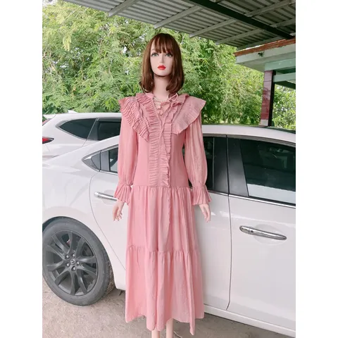 Đầm xòe dáng babydoll cổ dây nơ bèo tiểu thư Giá 390k Hàng có sẵn giao ngay Màu hồng baby Hàng Quảng Châu Bâù bì