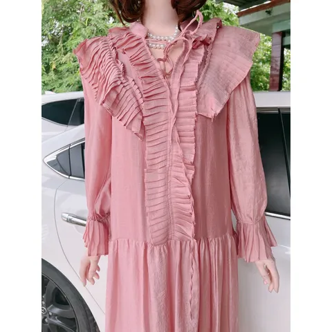 Đầm xòe dáng babydoll cổ dây nơ bèo tiểu thư Giá 390k Hàng có sẵn giao ngay Màu hồng baby Hàng Quảng Châu Bâù bì