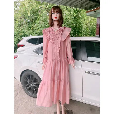 Đầm xòe dáng babydoll cổ dây nơ bèo tiểu thư Giá 390k Hàng có sẵn giao ngay Màu hồng baby Hàng Quảng Châu Bâù bì