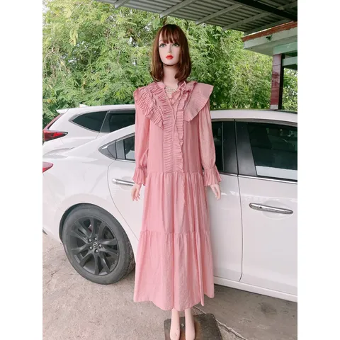 Đầm xòe dáng babydoll cổ dây nơ bèo tiểu thư Giá 390k Hàng có sẵn giao ngay Màu hồng baby Hàng Quảng Châu Bâù bì