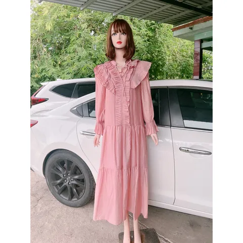 Đầm xòe dáng babydoll cổ dây nơ bèo tiểu thư Giá 390k Hàng có sẵn giao ngay Màu hồng baby Hàng Quảng Châu Bâù bì