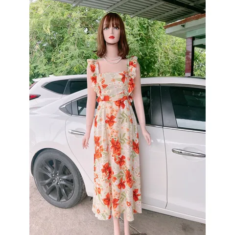đầm hoa thiết kế cổ vuông phía sau bo chun co giãn dễ mặc ,Pháp Retro Hoa Đầm Nữ Phong Cách Mới Thiết Kế Eo Hẹp Ôm