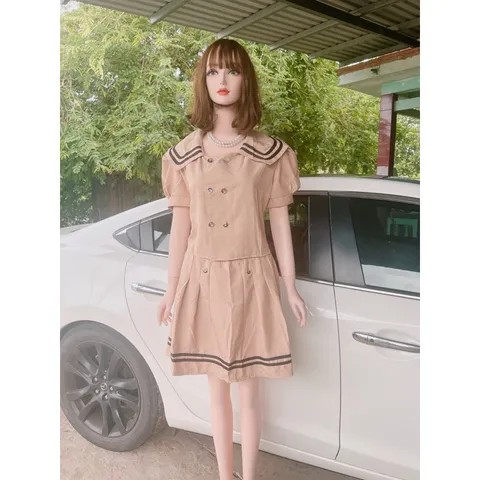 Sét Áo Và Chân Váy Thuỷ Thủ Màu nude Viền Đen Có Lót Quần Giá 290k Hàng có sẵn giao ngay L Eo có bo chun co giãn dễ mặc