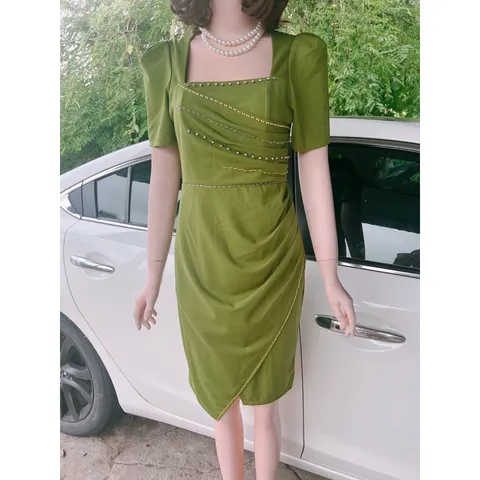 Đầm Body Dự Tiệc Cổ Vuông Tay Bồng Thiết Kế đính ngọc  Ngực Vạt Bèo Nhún Bụng Chất Liệu Umi Size 40-70kg Hàng có sẵn