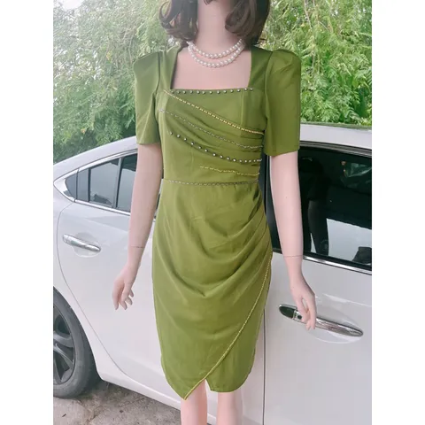 Đầm Body Dự Tiệc Cổ Vuông Tay Bồng Thiết Kế đính ngọc  Ngực Vạt Bèo Nhún Bụng Chất Liệu Umi Size 40-70kg Hàng có sẵn