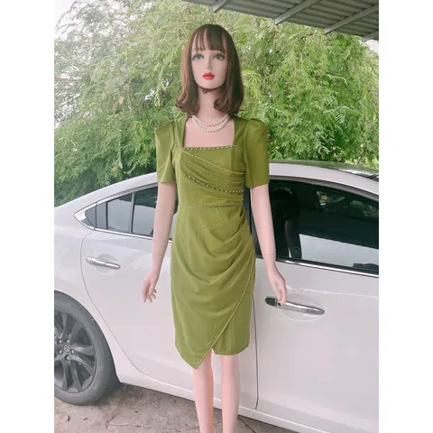 Đầm Body Dự Tiệc Cổ Vuông Tay Bồng Thiết Kế đính ngọc  Ngực Vạt Bèo Nhún Bụng Chất Liệu Umi Size 40-70kg Hàng có sẵn