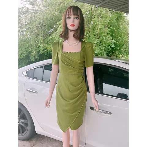 Đầm Body Dự Tiệc Cổ Vuông Tay Bồng Thiết Kế đính ngọc  Ngực Vạt Bèo Nhún Bụng Chất Liệu Umi Size 40-70kg Hàng có sẵn