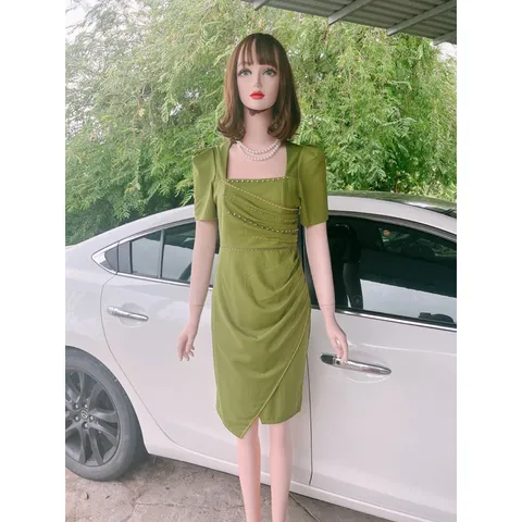 Đầm Body Dự Tiệc Cổ Vuông Tay Bồng Thiết Kế đính ngọc  Ngực Vạt Bèo Nhún Bụng Chất Liệu Umi Size 40-70kg Hàng có sẵn
