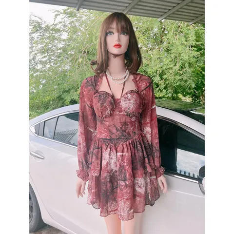 Đầm tay dài có mút và lót quần xịn Lưng có bo chun co giãn dễ mặc Chất liệu chiffon 2 lớp Giá 290k Hàng có sẵn giao ngay