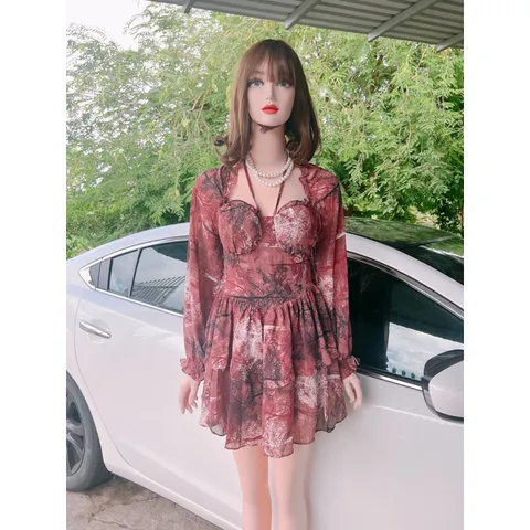 Đầm tay dài có mút và lót quần xịn Lưng có bo chun co giãn dễ mặc Chất liệu chiffon 2 lớp Giá 290k Hàng có sẵn giao ngay