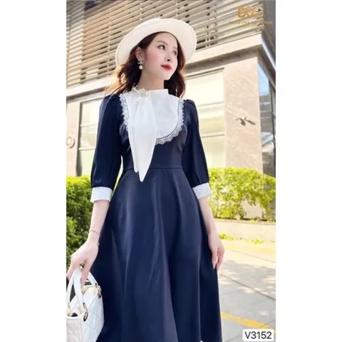 Đầm xoè màu xanh than phối cổ trắng Hàng chính phẩm DVC Đủ size SML Giá 350k, người ta đang bán gần 9xx Hàng có sẵn giao