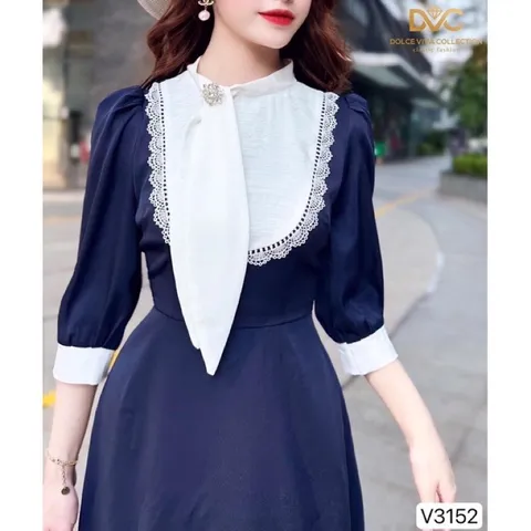 Đầm xoè màu xanh than phối cổ trắng Hàng chính phẩm DVC Đủ size SML Giá 350k, người ta đang bán gần 9xx Hàng có sẵn giao