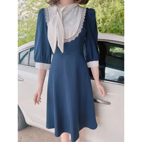 Đầm xoè màu xanh than phối cổ trắng Hàng chính phẩm DVC Đủ size SML Giá 350k, người ta đang bán gần 9xx Hàng có sẵn giao